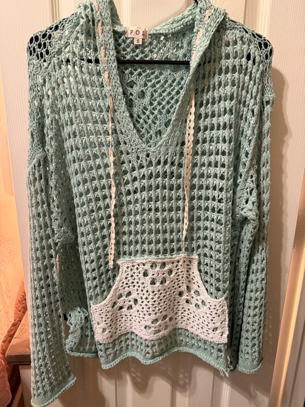 POL Light Mint Green Crochet Hooded Pullover with Cream Pocket